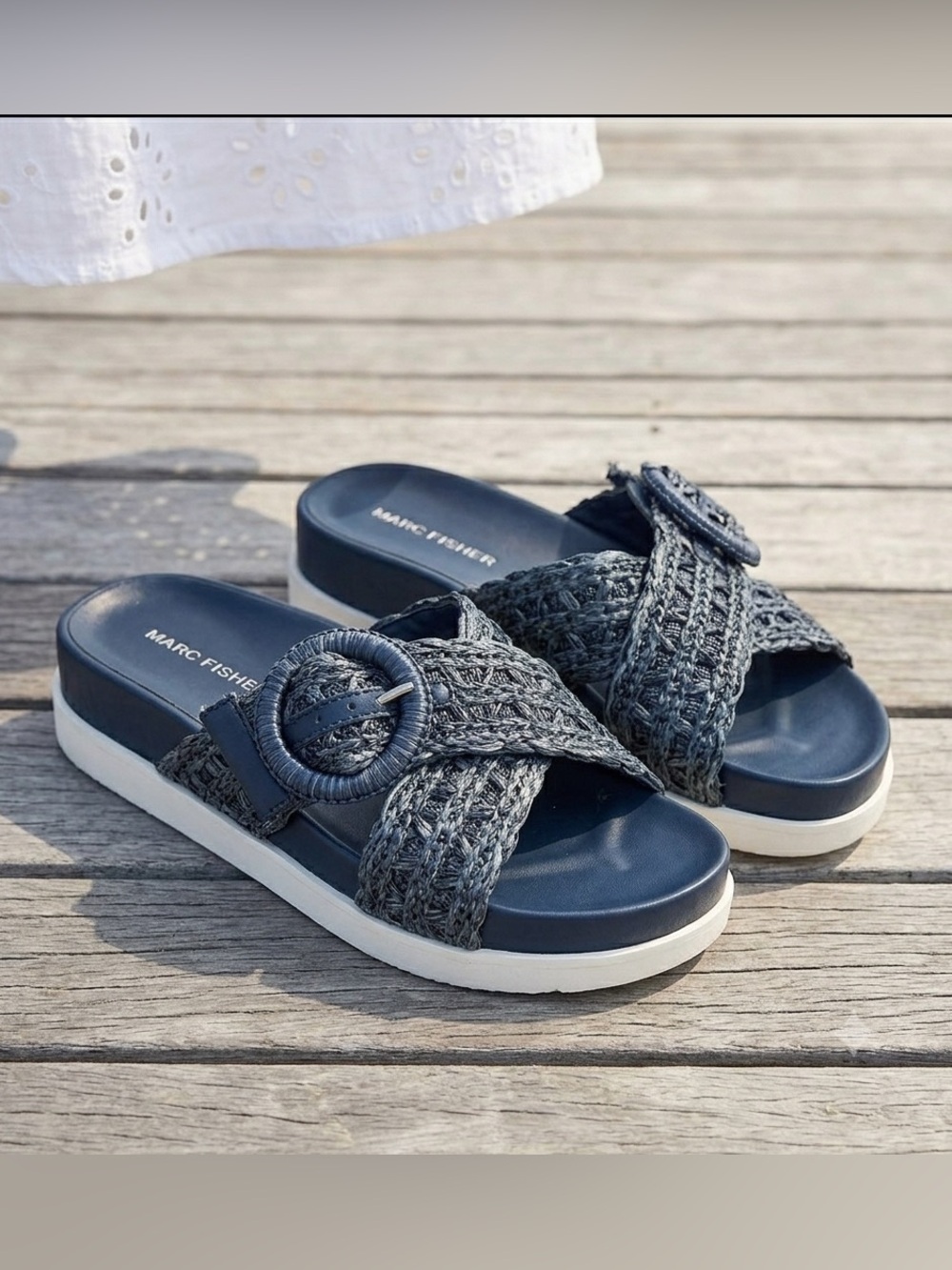 Marc Fisher Navy Braided woven Slides Sandals Buckle welti 7M Hamptons platform